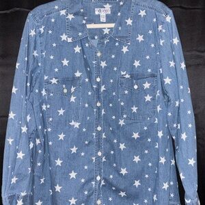 D&Co Denim & Company 1X Chambray Star Print Button Down Shirt Plus Size